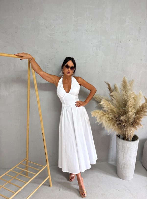 Midi bela romantična pamučna strukirana haljina sa halter vezivanjem na vratu A kroja, skrivenim džepovima i korset pertlanjem na leđima