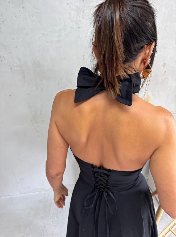 Midi crna romantična pamučna strukirana haljina sa halter vezivanjem na vratu A kroja, skrivenim džepovima i korset pertlanjem na leđima