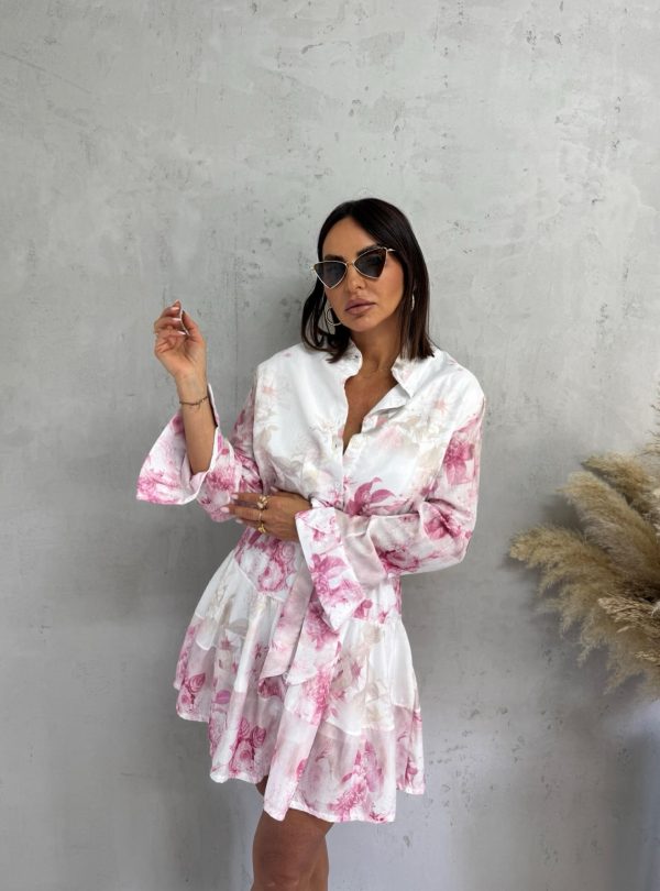 Mini lepršava cvetna košulja haljina dugih rukava na kopčanje sa pojasom