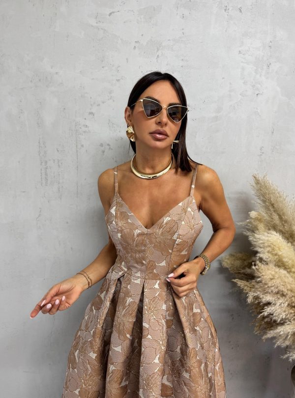 Midi elegantna cvetna haljina na bretele A kroja sa džepovima zemljanih tonova