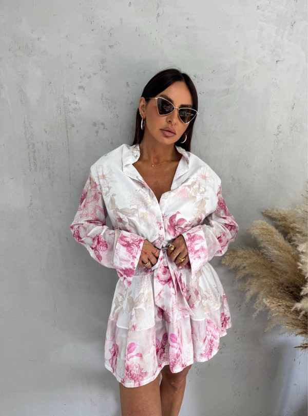 Mini lepršava cvetna košulja haljina dugih rukava na kopčanje sa pojasom