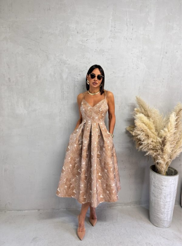 Midi elegantna cvetna haljina na bretele A kroja sa džepovima zemljanih tonova