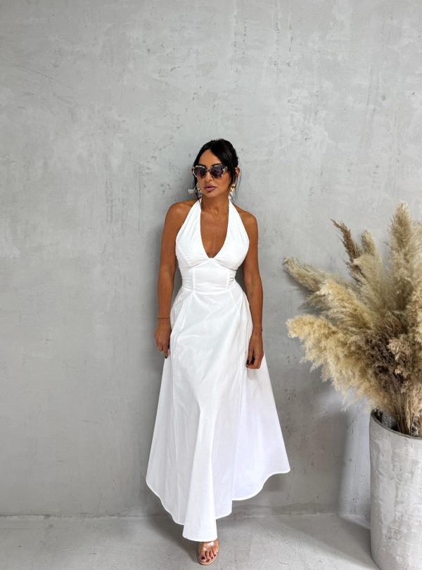 Midi bela romantična pamučna strukirana haljina sa halter vezivanjem na vratu A kroja, skrivenim džepovima i korset pertlanjem na leđima