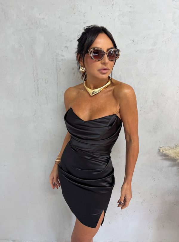Mini elegantna korset crna haljina od satena naboranog materijala
