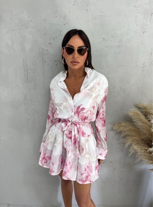 Mini lepršava cvetna košulja haljina dugih rukava na kopčanje sa pojasom