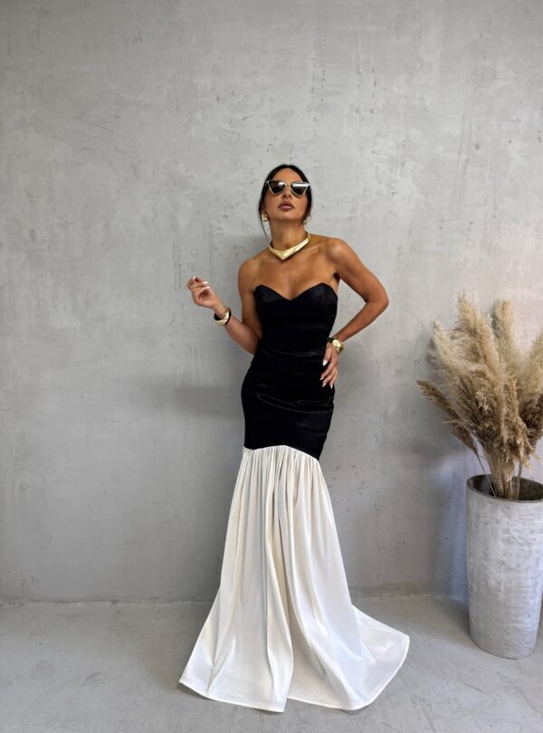 Duga balska sirena crno bela korset haljina