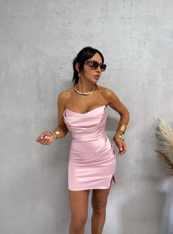 Mini roze satenska korset haljina nabrane teksture sa šlicem