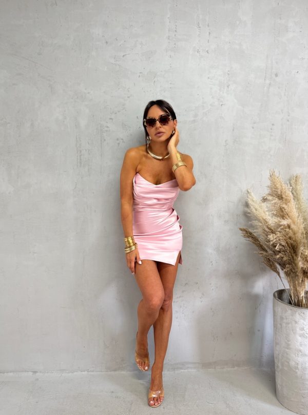 Mini roze satenska korset haljina nabrane teksture sa šlicem