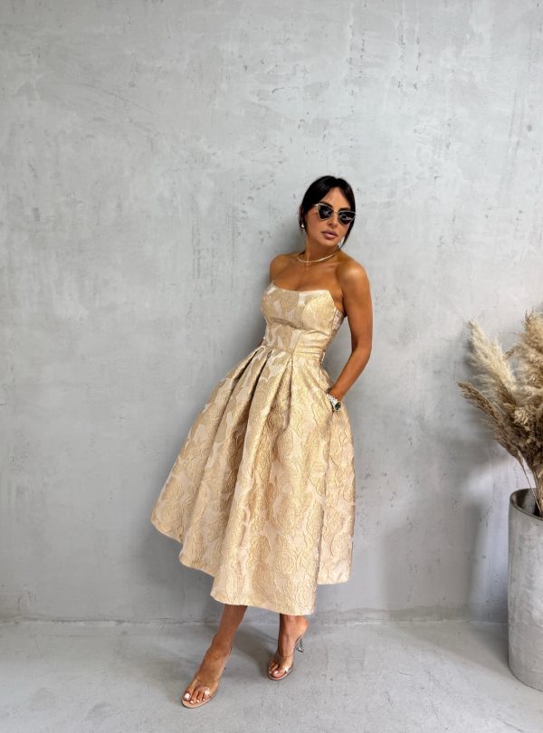 Midi krem zlatna elegantna korset haljina A kroja ispod kolena od čvrstog cvetnog brokata