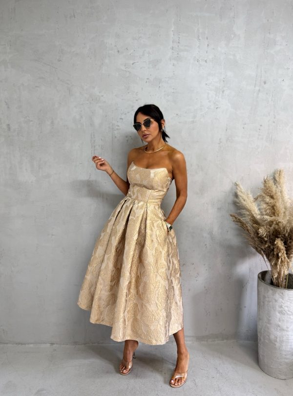 Midi krem zlatna elegantna korset haljina A kroja ispod kolena od čvrstog cvetnog brokata