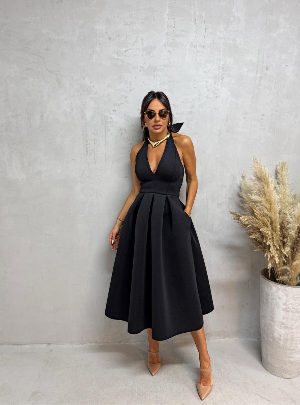 Midi crna čvrsta haljina od skube A kroja sa halter vezivanjem oko vrata i otvorenim leđima