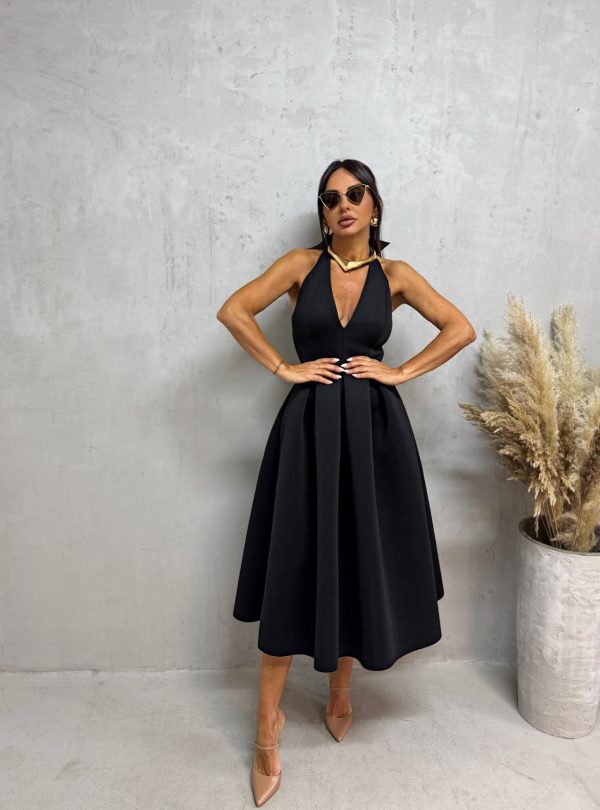 Midi crna čvrsta haljina od skube A kroja sa halter vezivanjem oko vrata i otvorenim leđima