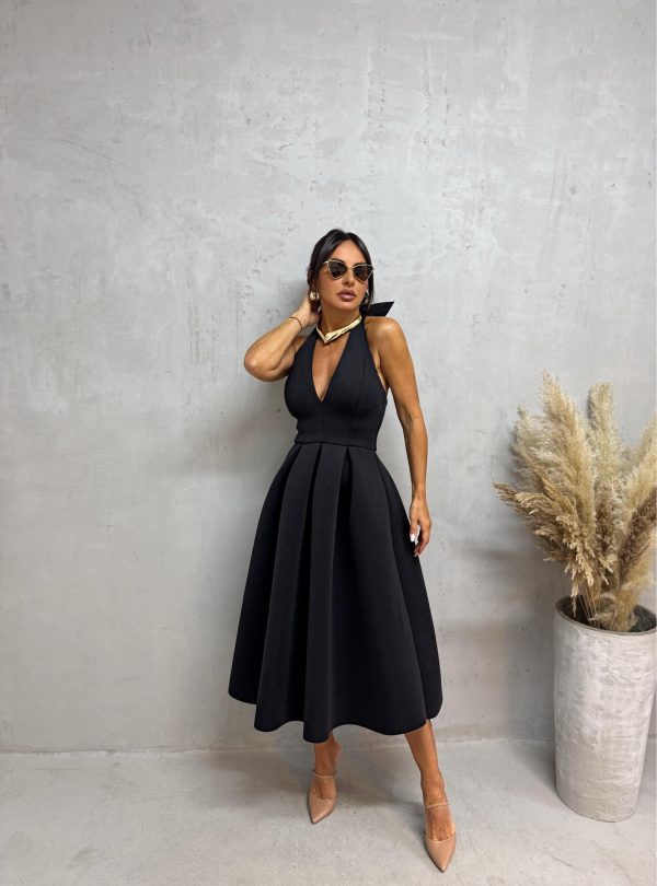 Midi crna čvrsta haljina od skube A kroja sa halter vezivanjem oko vrata i otvorenim leđima