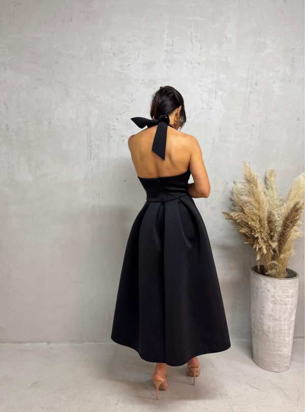 Midi crna čvrsta haljina od skube A kroja sa halter vezivanjem oko vrata i otvorenim leđima