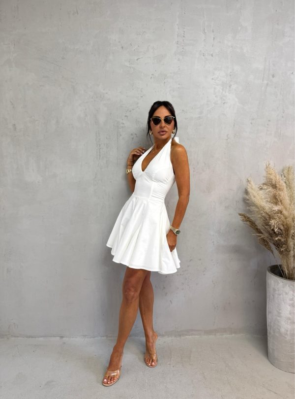 Mini bela romantična lepršava strukirana haljina na vezivanje oko vrata i korset vezivanjem na leđima i sa džepovima