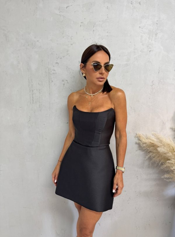 Mala crna elegantna korset haljina od brokat satena