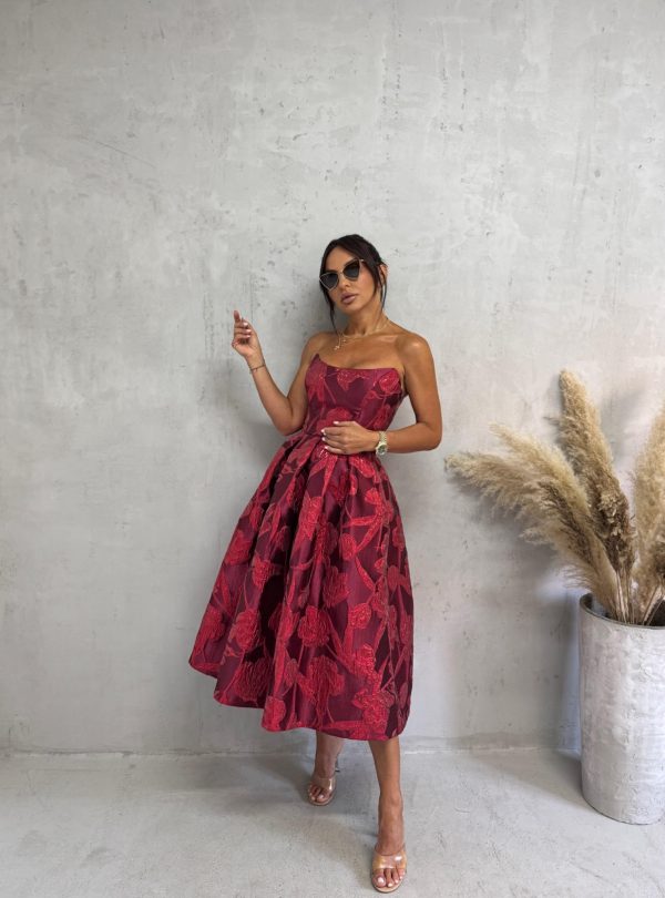 Midi bordo elegantna korset haljina A kroja ispod kolena od čvrstog cvetnog brokata