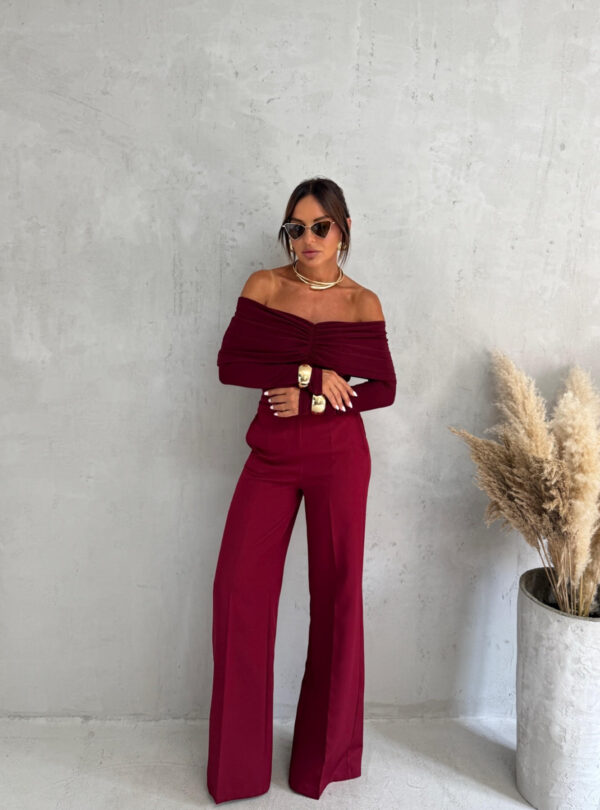 Bordo trendy zvonaste pantalone visokog struka sa kosim džepovima