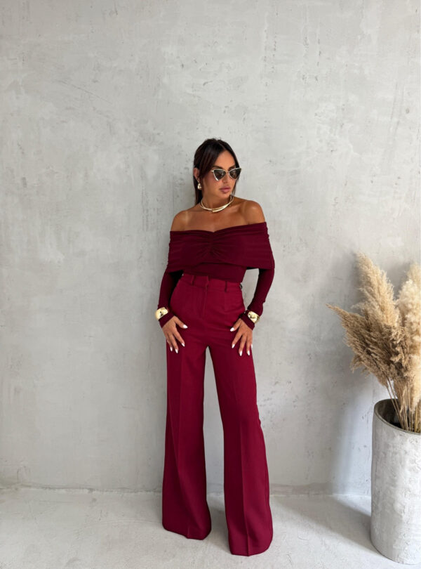 Bordo trendy zvonaste pantalone visokog struka sa kosim džepovima