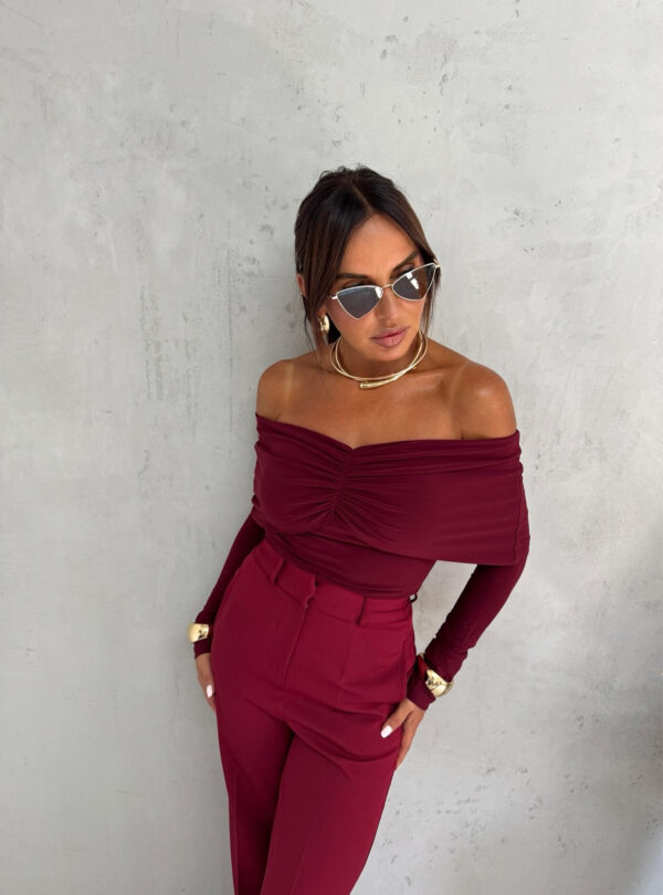 Bordo trendy zvonaste pantalone visokog struka sa kosim džepovima