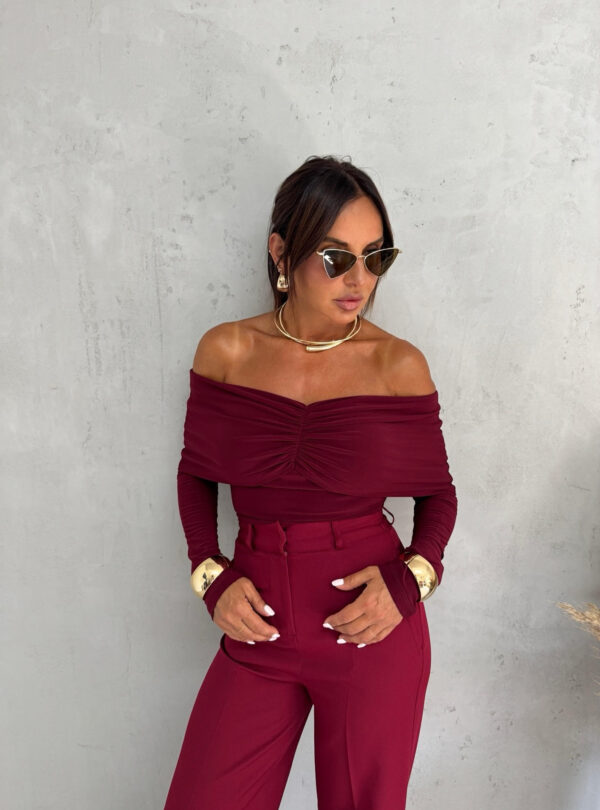 Bordo trendy zvonaste pantalone visokog struka sa kosim džepovima