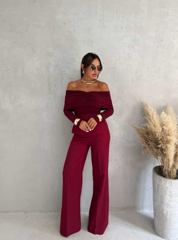 Bordo trendy zvonaste pantalone visokog struka sa kosim džepovima