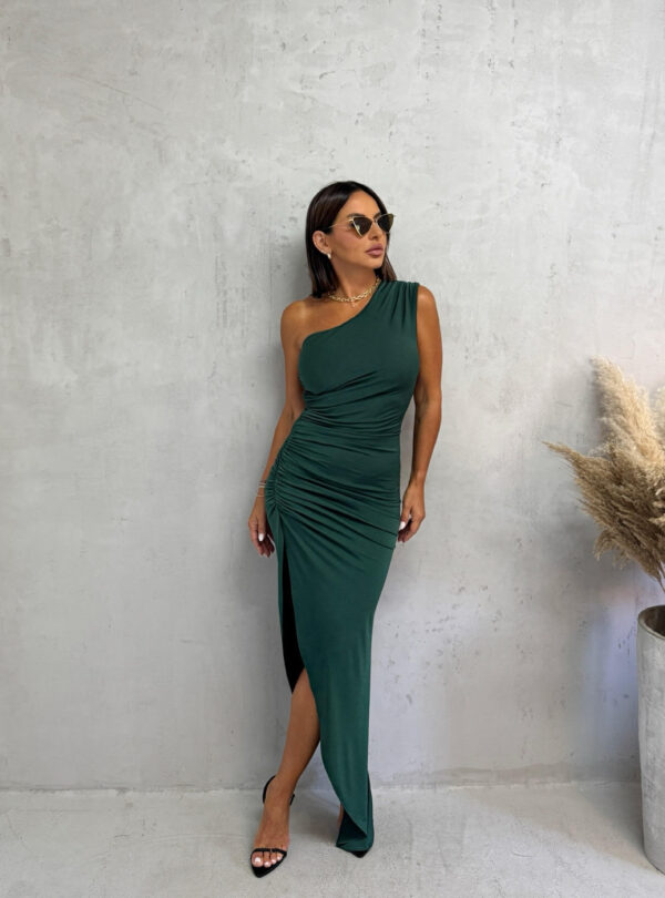 Asimetrična zelena duga haljina na jedno rame od likre sa dubokim šlicem