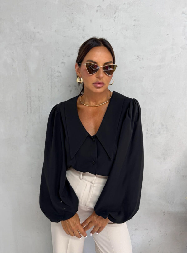 Crna košulja dugih balon rukava naglašene kragne