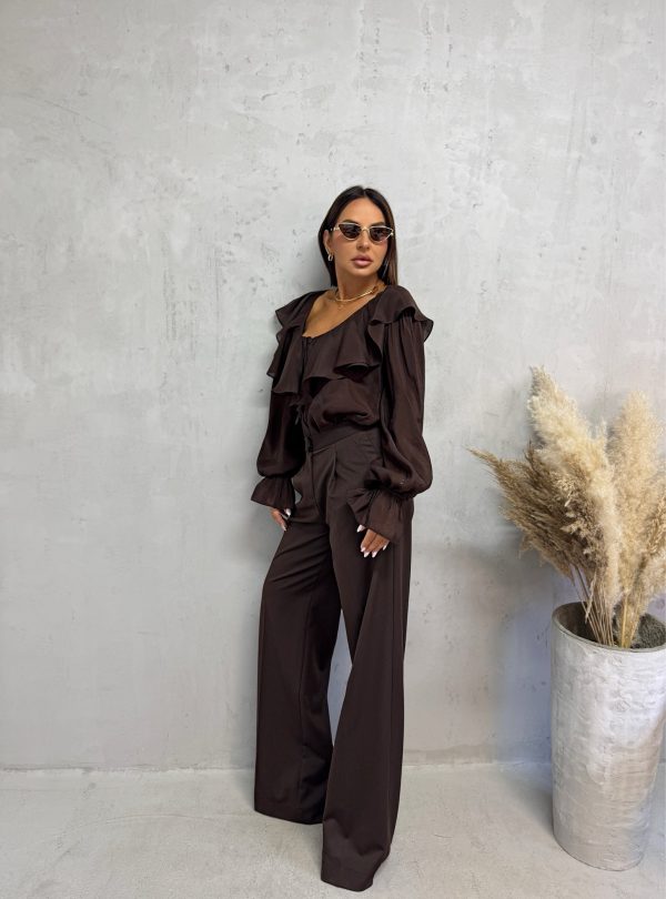 Braon bluza dugih rukava bogata karnerima sa V izrezom