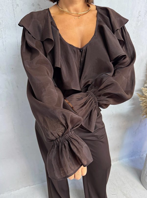 Braon bluza dugih rukava bogata karnerima sa V izrezom