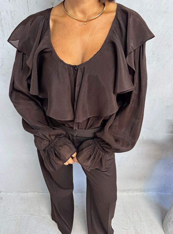 Braon bluza dugih rukava bogata karnerima sa V izrezom