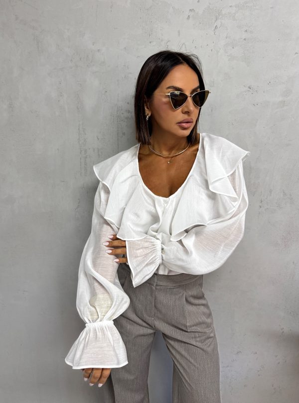 Bela bluza dugih rukava bogata karnerima sa V izrezom