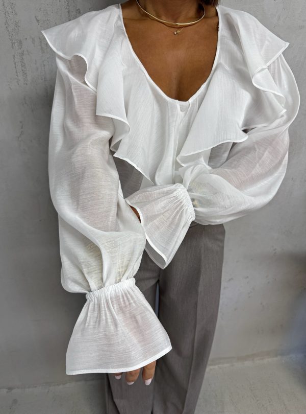 Bela bluza dugih rukava bogata karnerima sa V izrezom