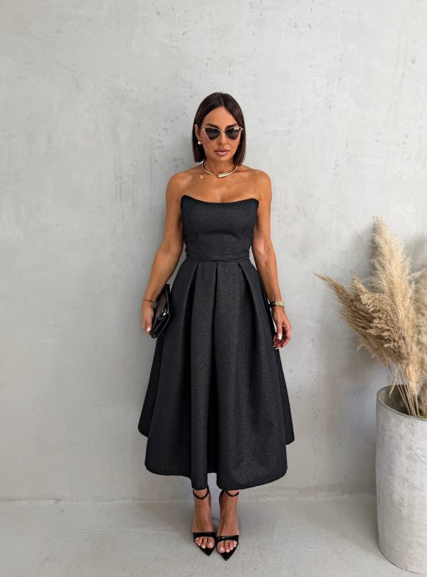 Midi crna elegantna korset haljina A kroja ispod kolena od čvrstog brokata