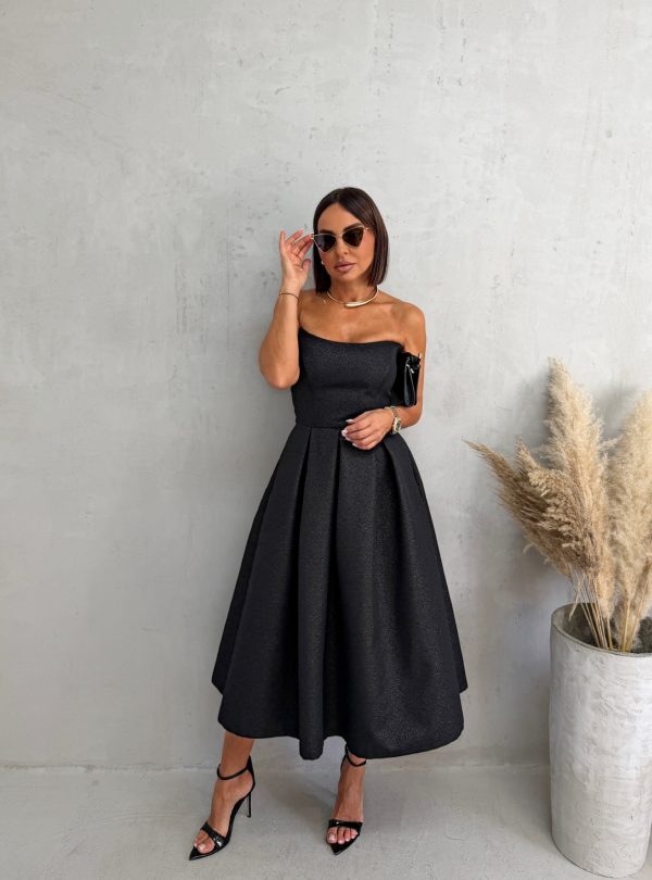 Midi crna elegantna korset haljina A kroja ispod kolena od čvrstog brokata