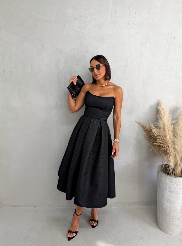 Midi crna elegantna korset haljina A kroja ispod kolena od čvrstog brokata