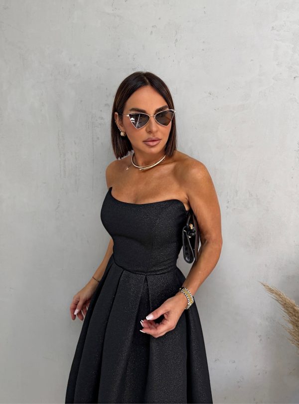 Midi crna elegantna korset haljina A kroja ispod kolena od čvrstog brokata