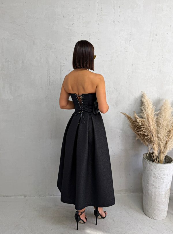 Midi crna elegantna korset haljina A kroja ispod kolena od čvrstog brokata