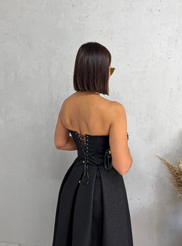 Midi crna elegantna korset haljina A kroja ispod kolena od čvrstog brokata