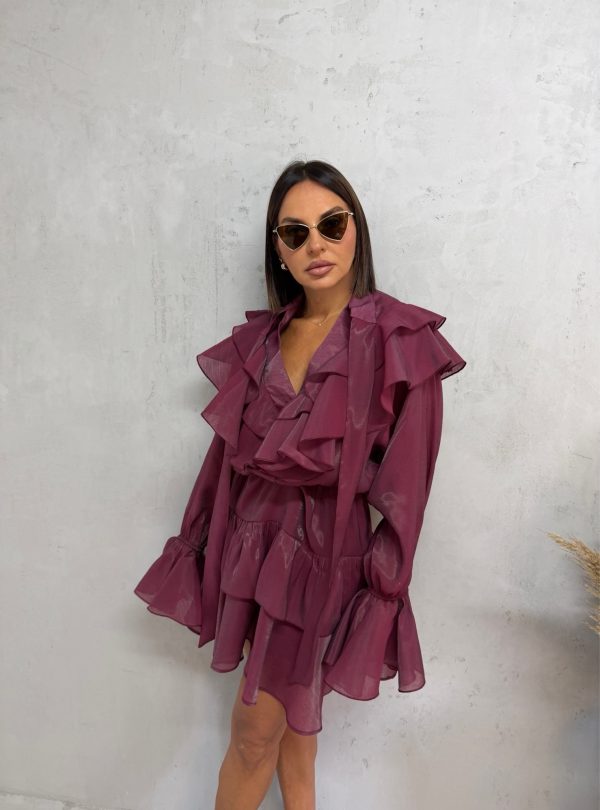 Mini lepršava ljubičasta haljina bogata karnerima dugih rukava