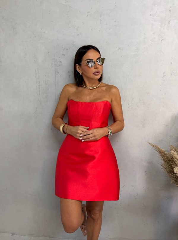 Mini elegantna korset haljina od brokat sjajnog satena koralno crvene boje