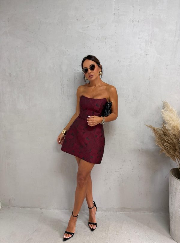 Mini korset haljina od brokata cvetnog dezena tamno bordo boje naglašenog struka