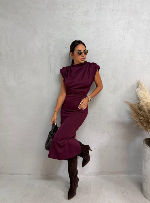 Midi bordo uska haljina sa naglašenim ramenima