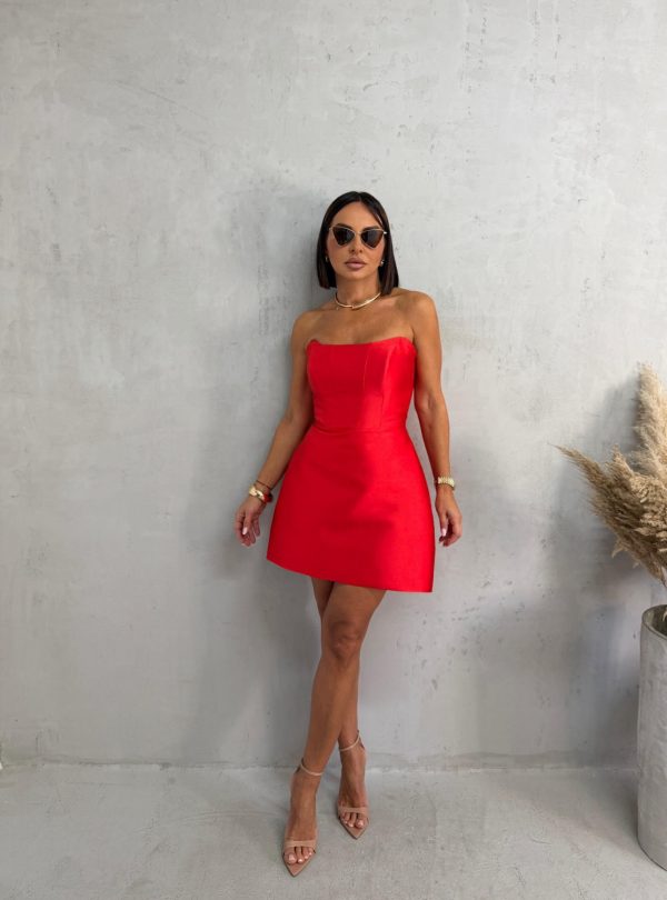 Mini elegantna korset haljina od brokat sjajnog satena koralno crvene boje