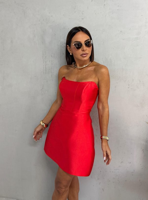 Mini elegantna korset haljina od brokat sjajnog satena koralno crvene boje