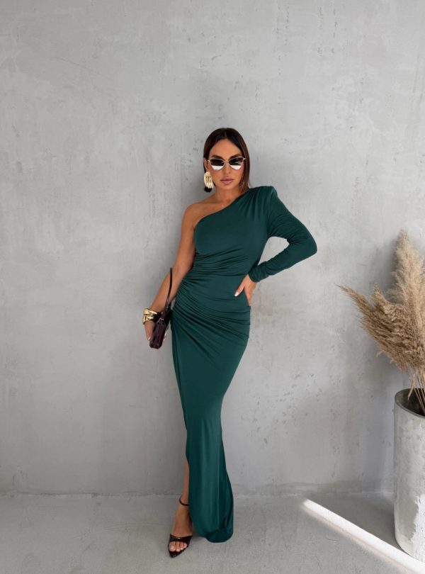 Udobna rastegljiva duga petrolej zelena asimetrična haljina sa jednim rukavom