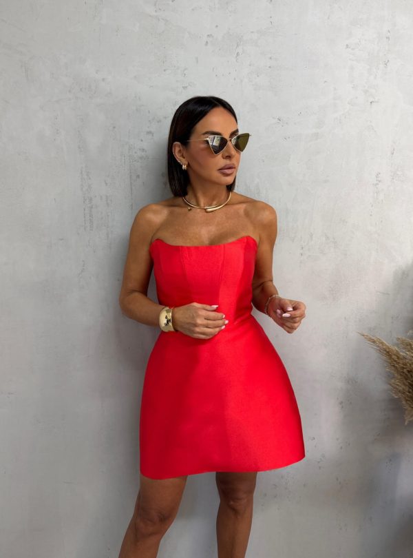 Mini elegantna korset haljina od brokat sjajnog satena koralno crvene boje