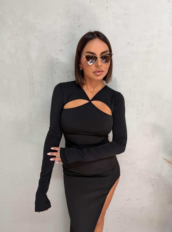 Trendi crna bluza dugih rukava i rasečenog dekoltea