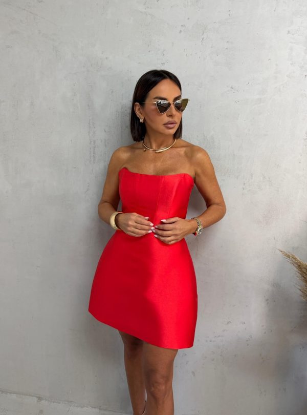 Mini elegantna korset haljina od brokat sjajnog satena koralno crvene boje