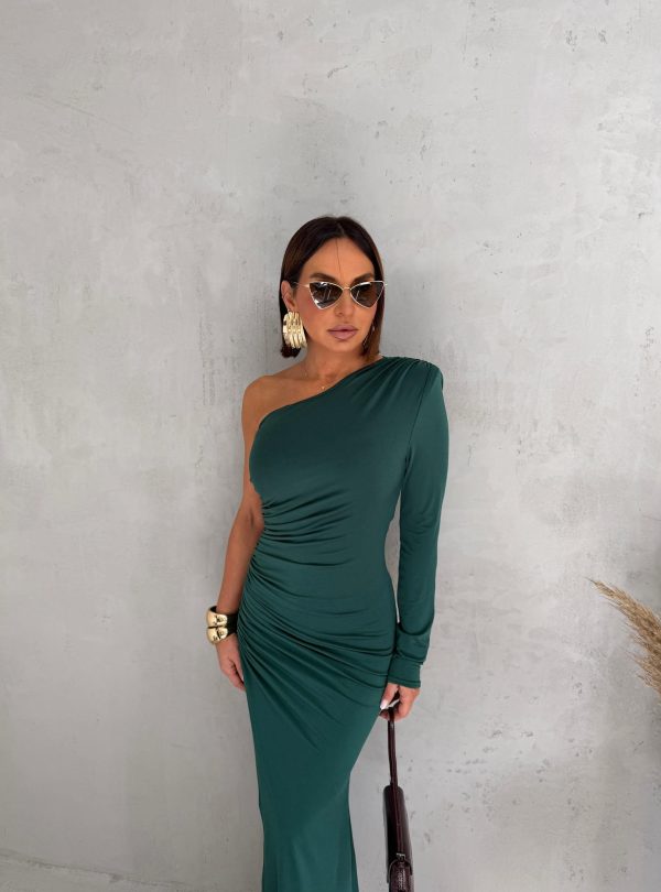 Udobna rastegljiva duga petrolej zelena asimetrična haljina sa jednim rukavom